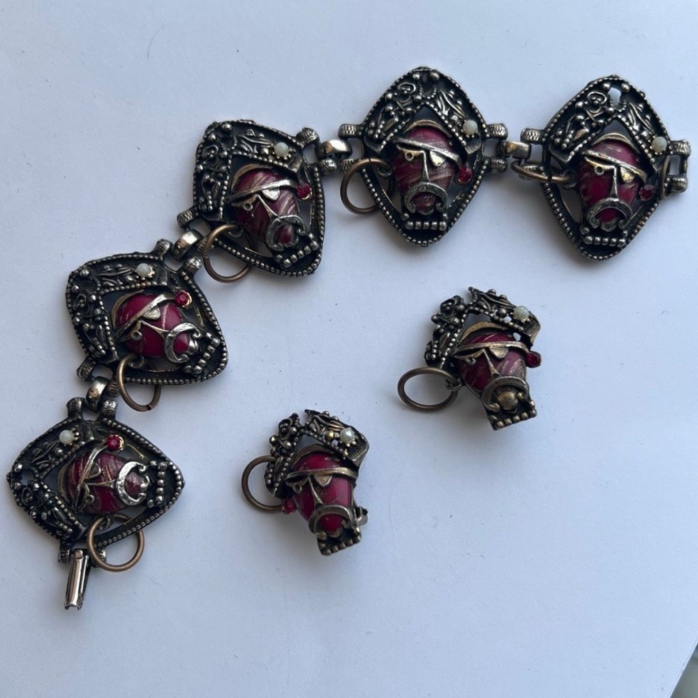 Vintage Unsigned Selro Pirate Mask Bracelet Earrings Set Red Glass Cabochon